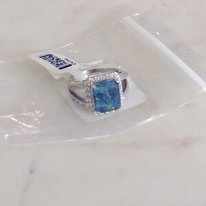 NWT Australian blue opal remake cut and cz Diamond ring sz 6 sterling silver